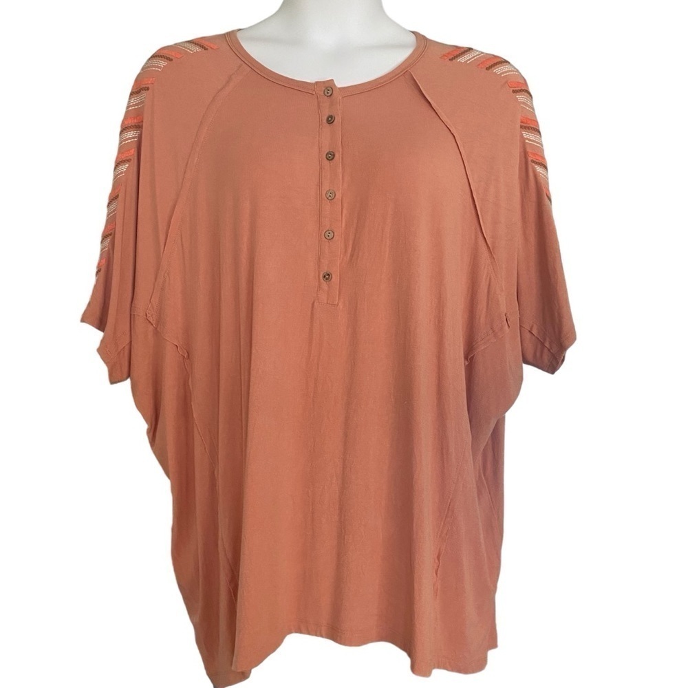 Heyson Henley Top Women’s Plus Size 1XL Orange Short Sleeve Embroidered Boho
